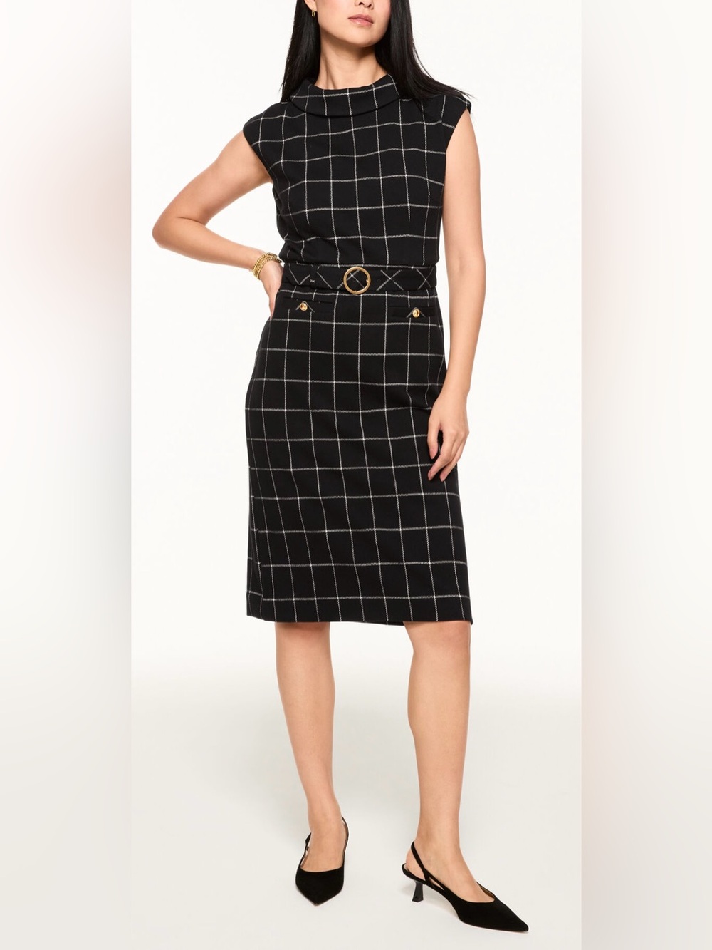Talbots Stretch Knit Autumn Windowpane Mock Neck Belted Dress Size 12